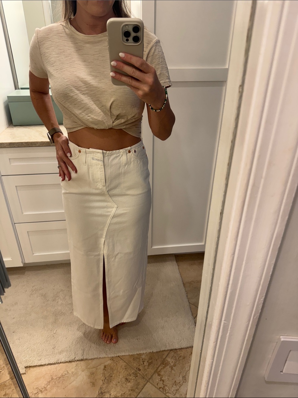 Closed Cream Maxi Denim Skirt with Center Front Slit